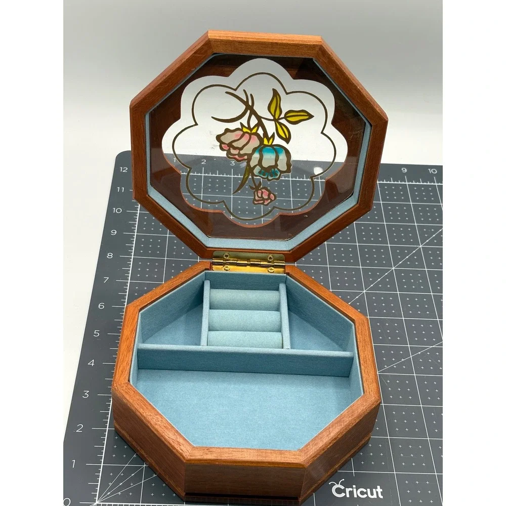 Vintage Mele Wooden Jewelry Box Octagon Floral Glass Lid Blue Velvet Interior